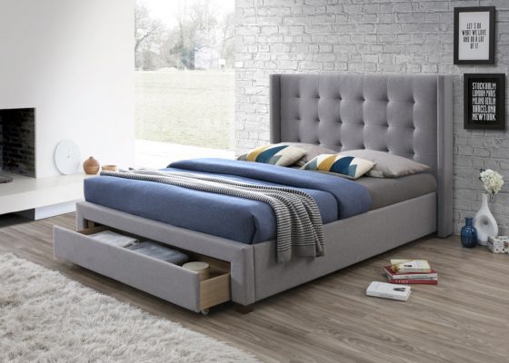 Grey Winged Fabric Bed with One Large Front Drawer